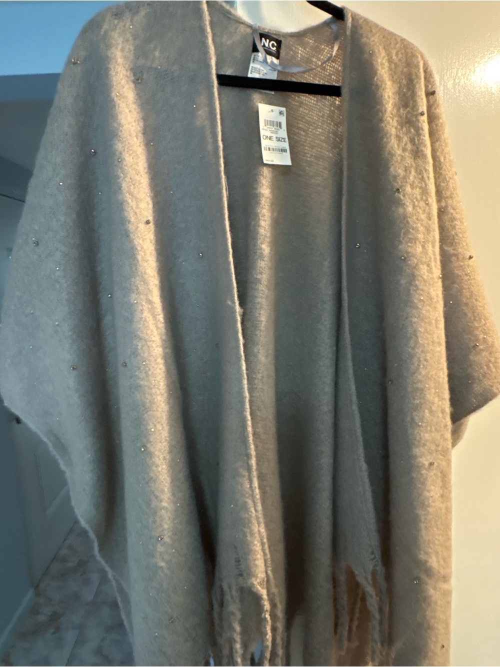 INC International Concepts Taupe Open-Front Knit Poncho with Bead Accents